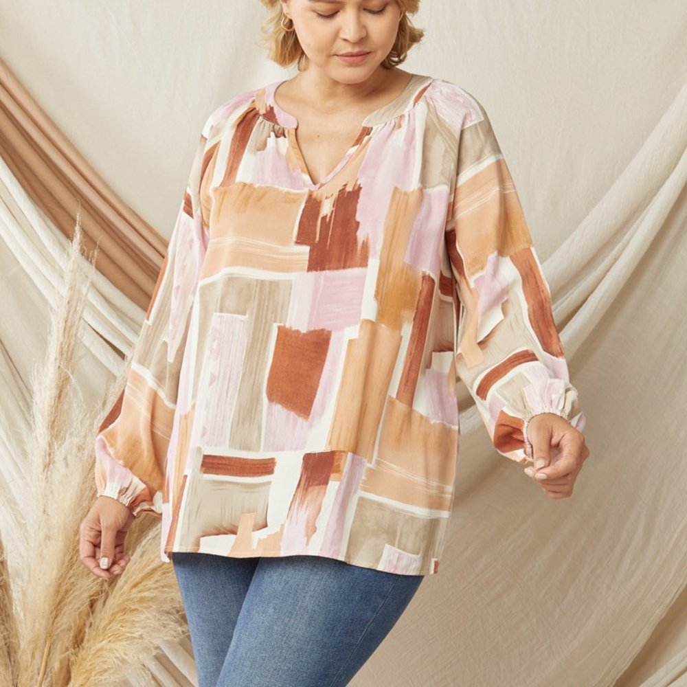 NWT Entro Multi Colored Printed V Neck Long Sleeve Blouse Plus